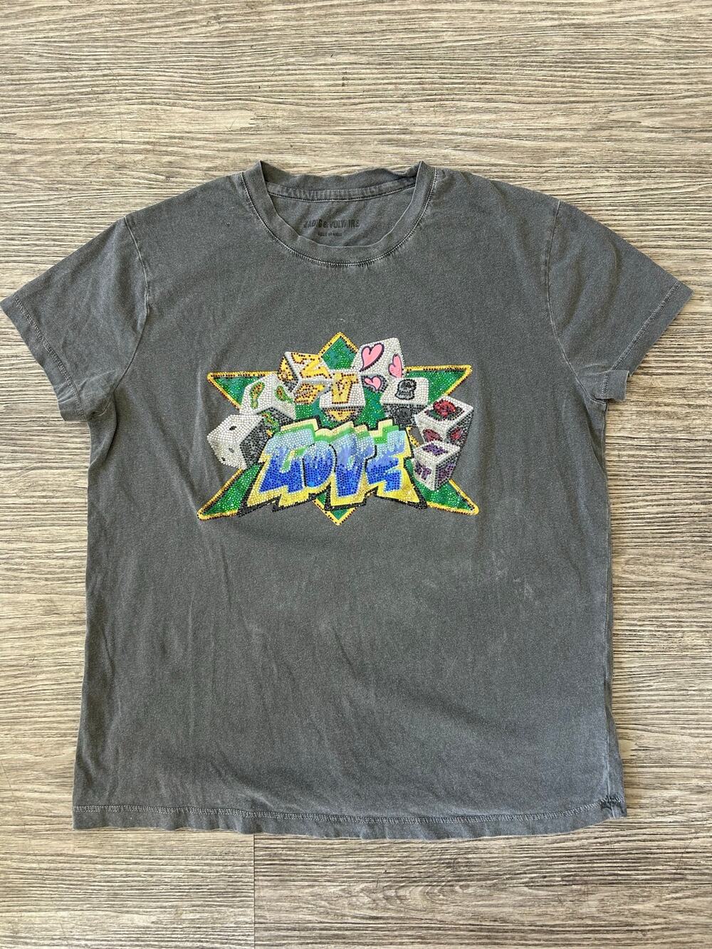 Zadig & Voltaire Zoe Core Cho Love Strass Rhinestone Dice Graphic T-Shirt Gray M